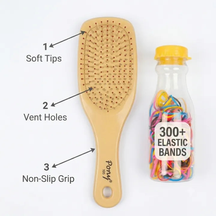 2 in 1 Hair Care Combo: Pony 105 Paddle Brush + Colorful Hair Rubber Bands Bottle