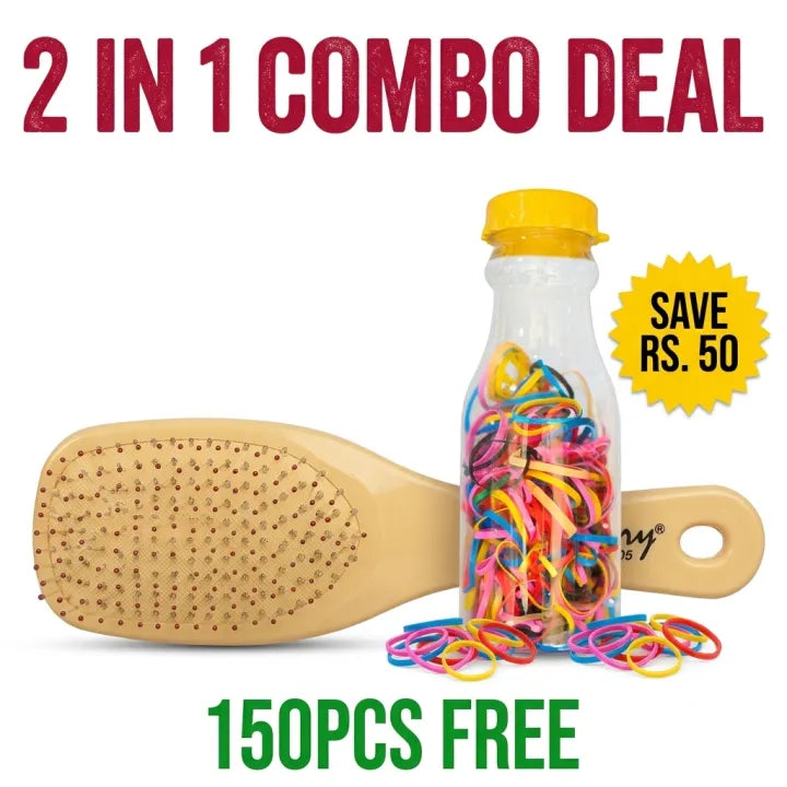 2 in 1 Hair Care Combo: Pony 105 Paddle Brush + Colorful Hair Rubber Bands Bottle